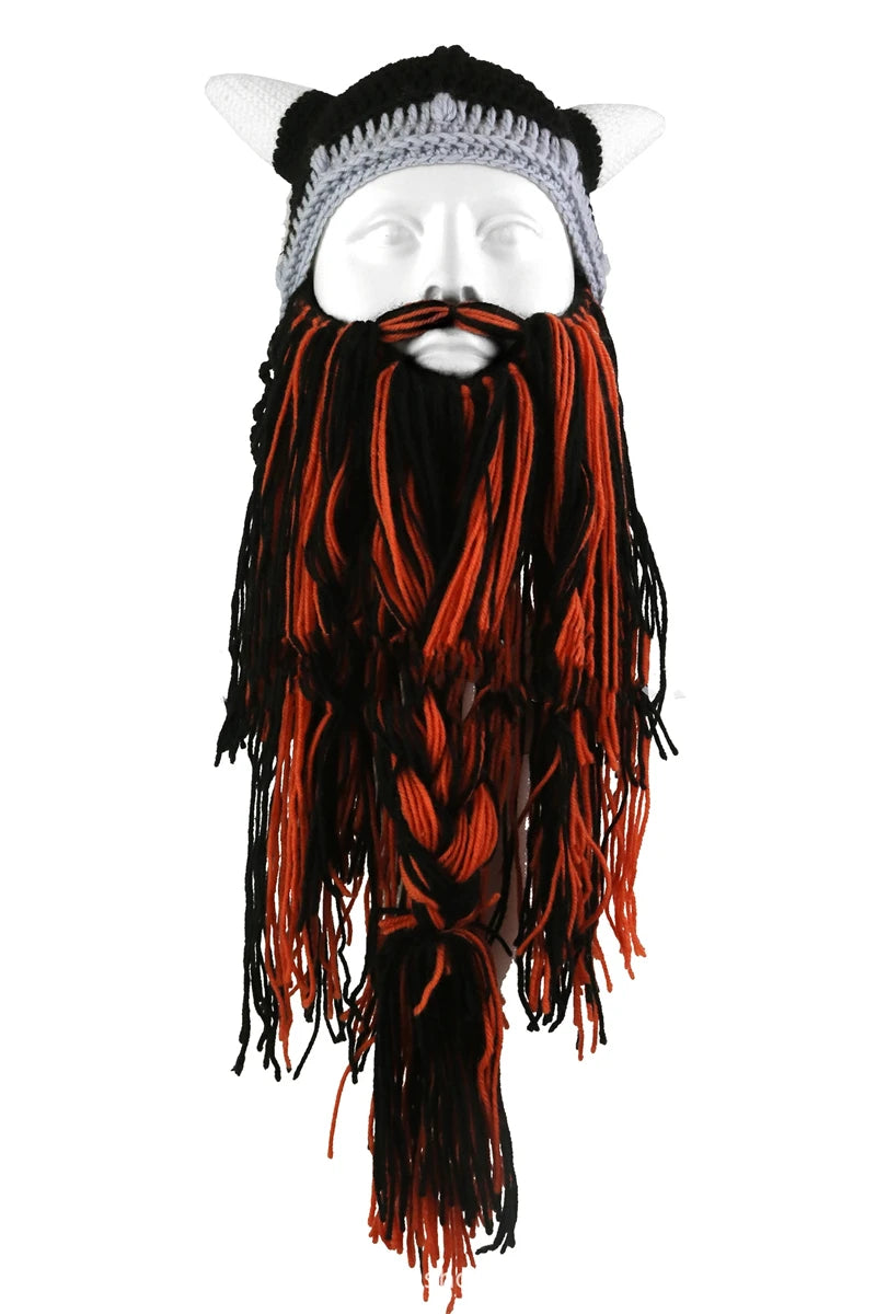 New Wig Beard Hats Viking Beard Beanie Horn Hat Winter Warm Mask Original Handmade Knit Helmet and Removable Beard Halloween Cap