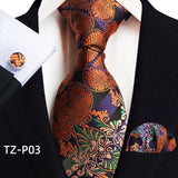 Orange Novelty Ties For Men Plaid Flower Design Silk Wedding Necktie For Men Hanky Cufflinks Gifts Business Party Suit Bow Tie