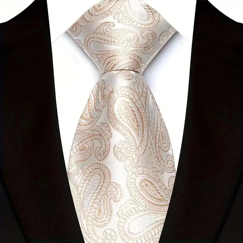 Luxury 8CM Mens Necktie White Beige Color Solid Dot Stripes Tie For Man Groom Jacquard Woven Neck Tie For Business Wedding Party