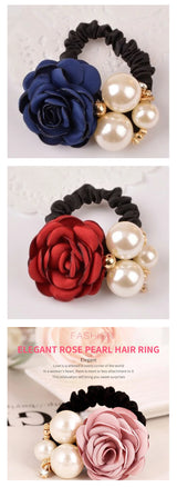 Pearl Rose Flower Hair Elastics Bands Hair Ties Stretchy Rubber Hairbands Floral Headbands Scrunchies Ponytail Holder