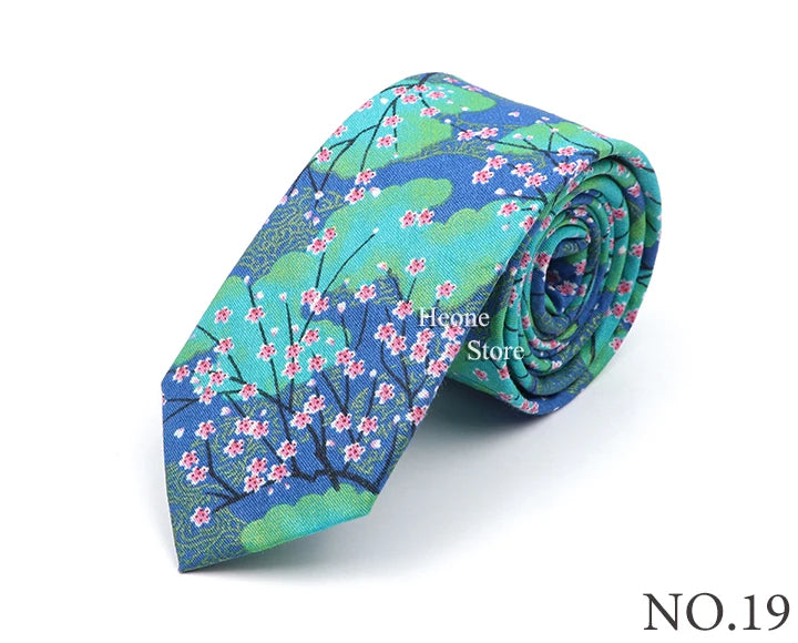 New Style Floral Printed 6cm Tie Blue Green Purple Skinny 100% Cotton Necktie For Men Women Wedding Party Suits Shirt Accessory