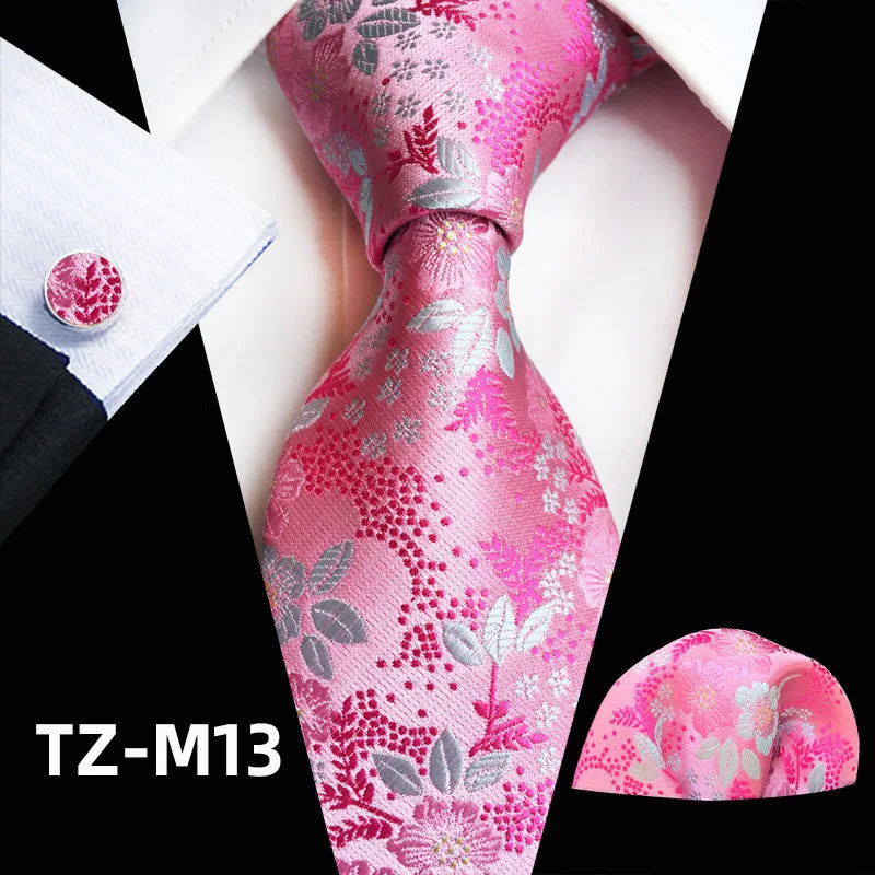 Floral Pink Silk Ties Set For Men Wedding Party Neck Tie Set Handkerchief Brooch Cufflinks Men Accessories High Quality Gravata