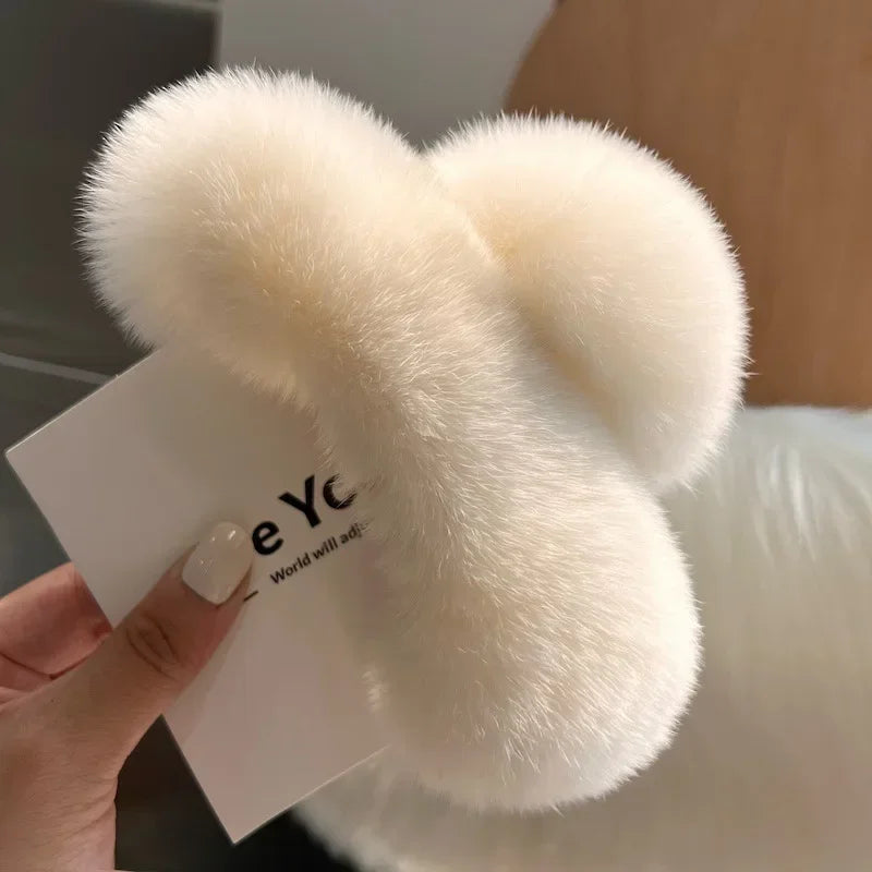 Vintage Women Large Real Otter Rabbit Plush Hair Clip Korea Autumn and Winter Elegant Shark Claw Girl Sweet Hair Accessories