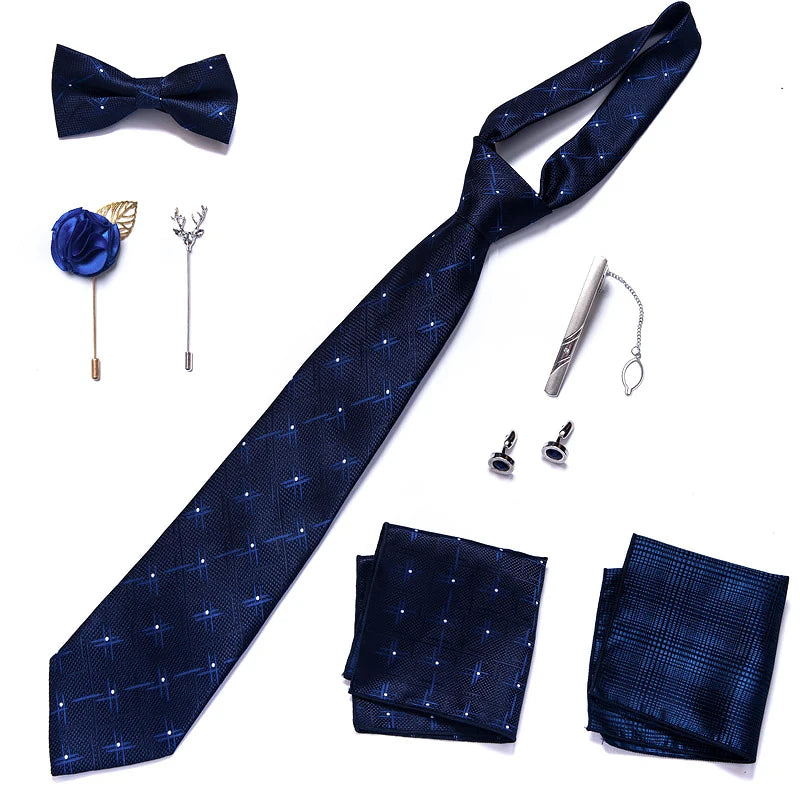 Brand Newest Design Silk Tie Set Handkerchief Pocket Squares Cufflink Bow Tie Clip Necktie Set Bussiness Wedding Suit Gift Box