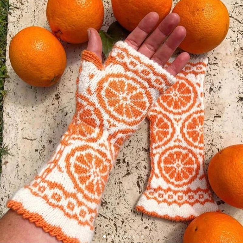 Knitted Gloves Winter Half Finger Mittens Stretchy Touchscreen Orange Pattern Gloves for Kids Teens Christmas Presents M6CD