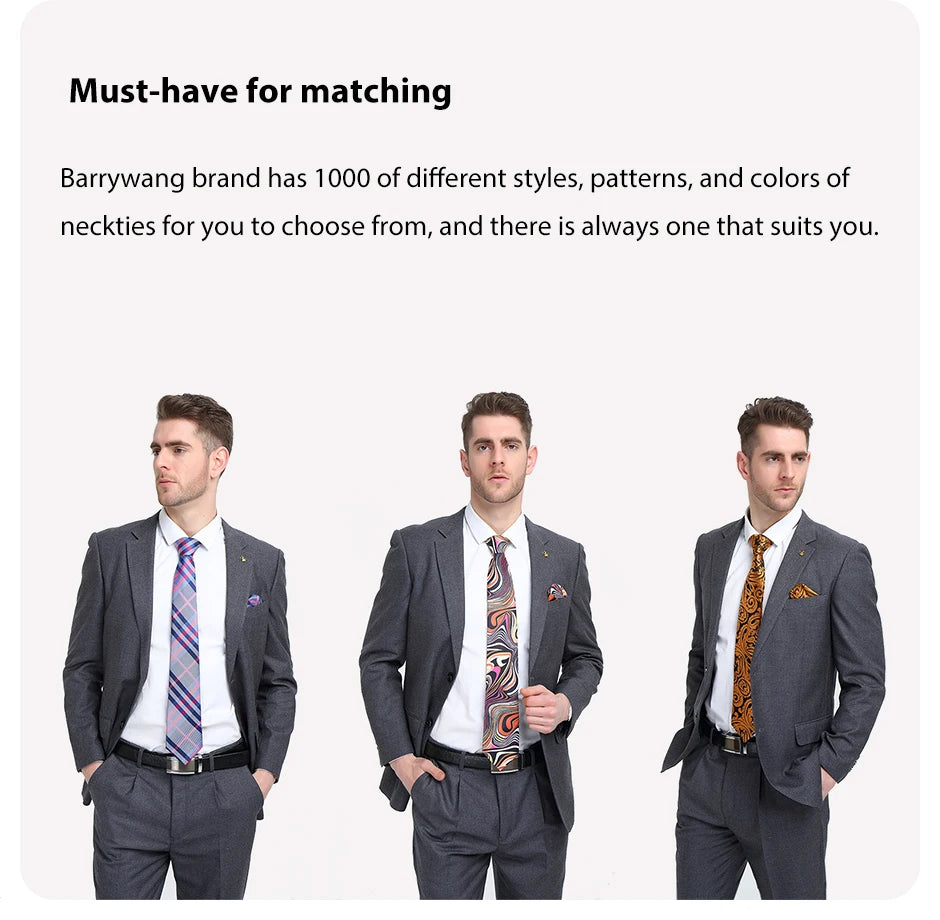 Barry.Wang Men's Tie Jacquard Plaid Checked Navy Pink Black Necktie Hankerchief Cufflinks Set for Male Wedding Business Formal