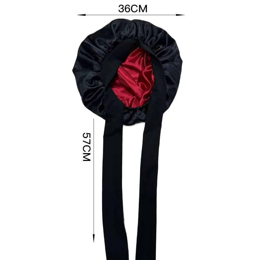 New Satin Double Layer Bonnet Solid Wide Tie Band Stretch Head Silky Bonnet Edge Wrap Nightcap Hair Care Shower Bonnet for Women