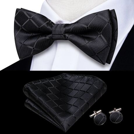 Hi-Tie Black White Silver Grey Brown Silk Mens Bow Tie Hankerchief Cufflinks Set Pre-tied Butterfly Knot Adjustable Bowtie Male