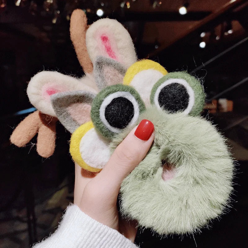 Women Girl Cute Cartoon Hair Scrunchies Panda Cows Cat Rabbit Plush Elastic Hair Bands Sweet Pontail Ties Christmas Accessories
