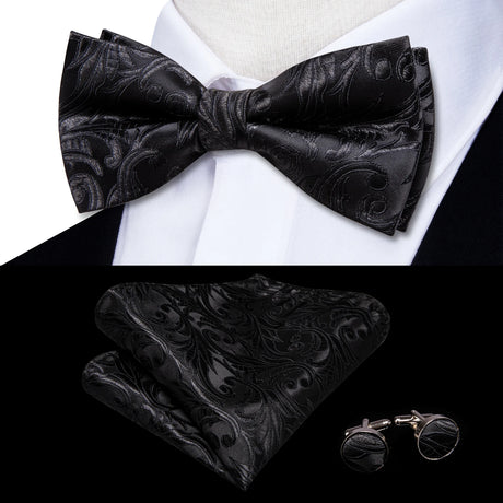 Hi-Tie Black White Silver Grey Brown Silk Mens Bow Tie Hankerchief Cufflinks Set Pre-tied Butterfly Knot Adjustable Bowtie Male