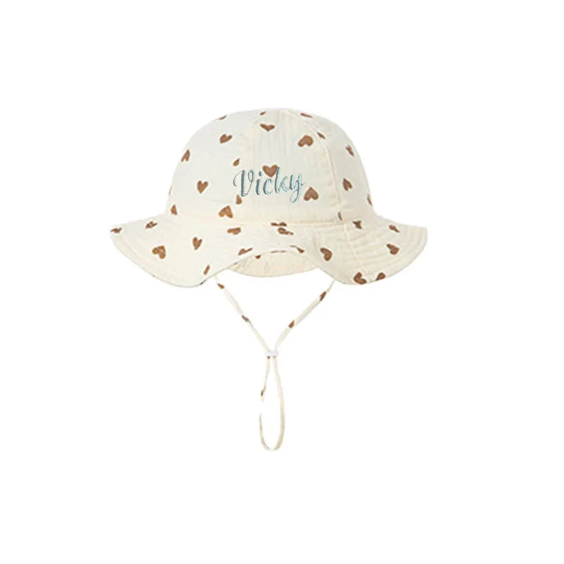 Embroidered Name Breathable Kids Wide Brim Sun Hat With Adustable Chin Strap Suitable For Summer And Beach