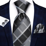 Hi-Tie Designer Grey Plaid Novelty Silk Wedding Tie For Men Handky Cufflink Gift Mens Necktie Fashion Business Party Dropshiping