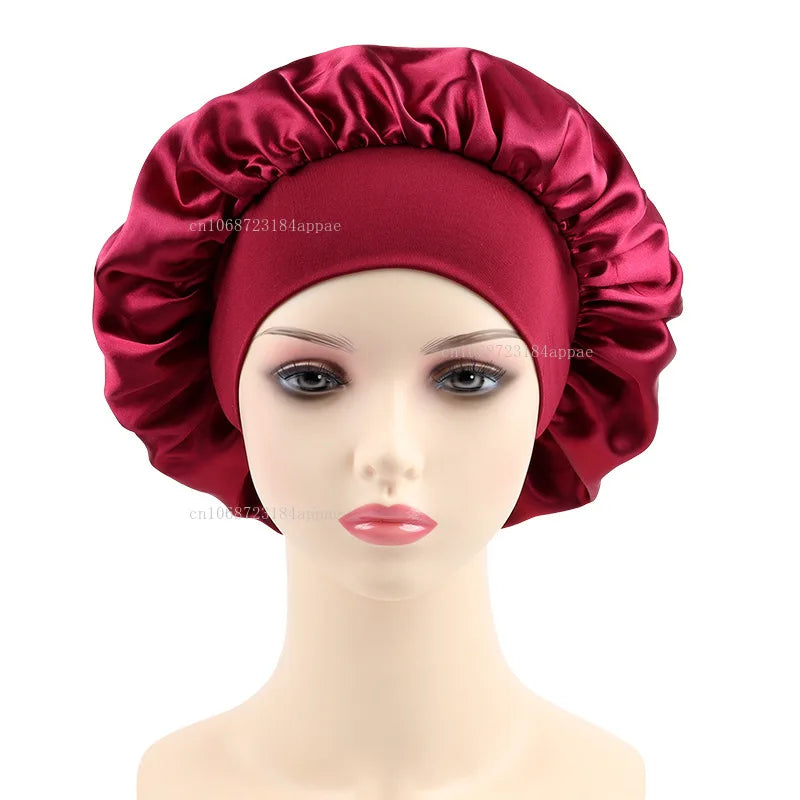 Women's Satin Solid Elastic Wide-brimmed Sleeping Hat Unisex Head Wrap Elastic Band Cap Hair Care Bonnet Night Hat bonnet