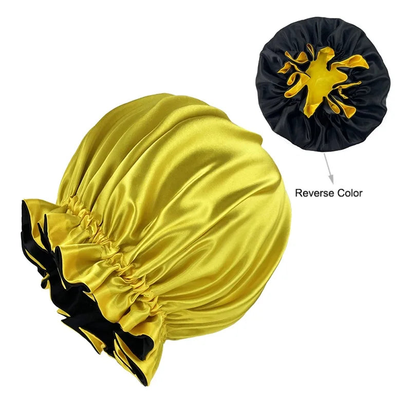 Double Layer Silky Satin Bonnet Women Sleeping Cap Large Reversible Satin Linned Night Sleep Headwrap Hat Hair Wrap Accessories