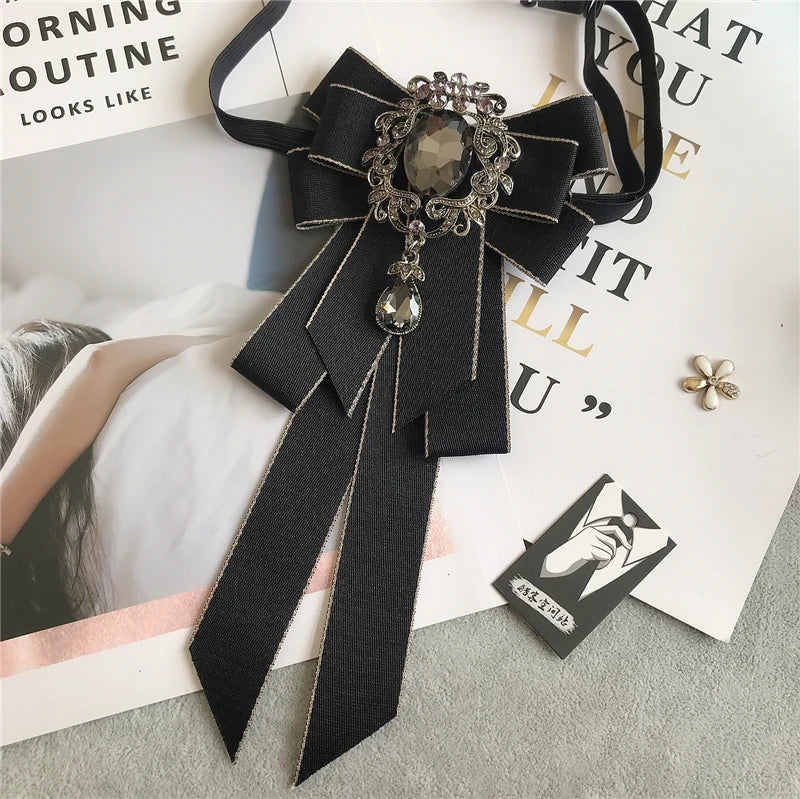 Rhinestone Bow Tie Women's Graduation Photo Student School Uniform Tie Ribbon Sweet Literary and Art Plaid Bowtie Collar Flower