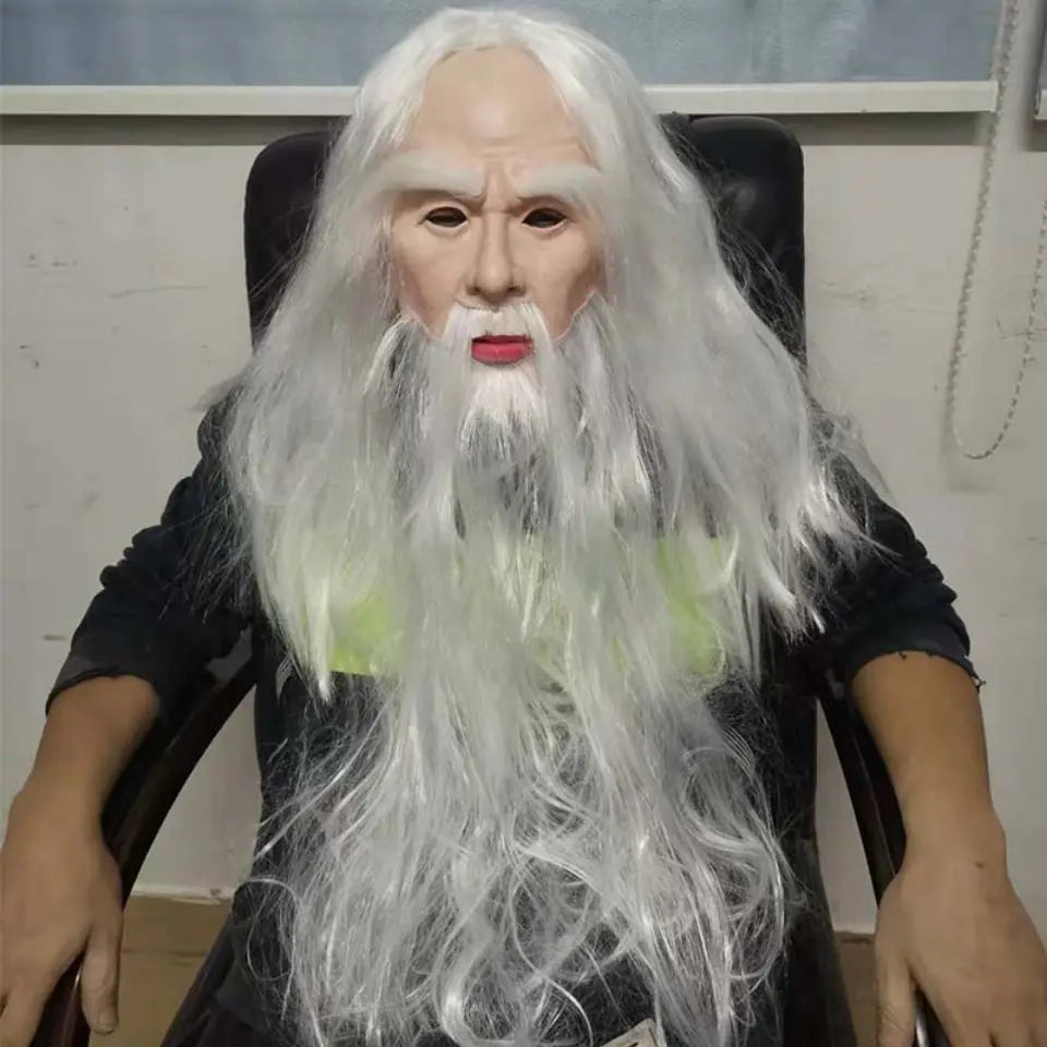 Funny White Hair Wizard Mask White Beard Grandpa Head Cover Santa Latex Role Play Props Halloween Props