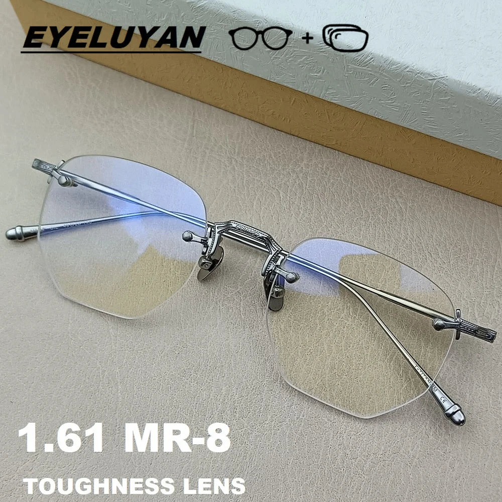 EYELUYAN Prescription Glasses 1.61 MR-8 Anti Radiation Aspheric Lens Myopia Optical Rimless Eyeglasses Pure Titanium Frame