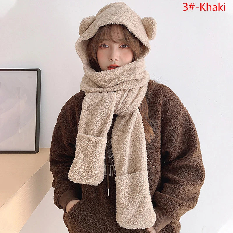 1Pc Cute Bear Ear Hat Scarf Gloves 3-in-1 Winter Warm Hedging Cap Women Windproof Plush Hat Scarf