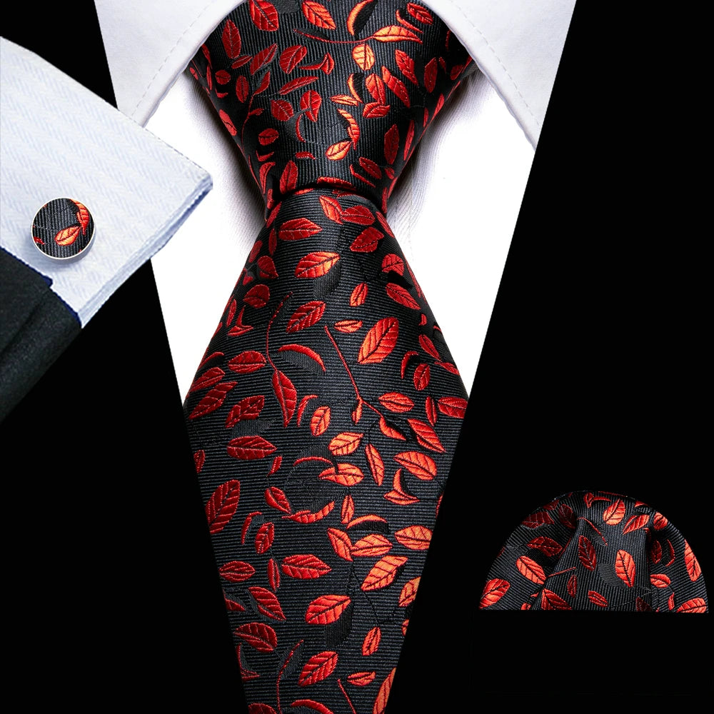 Barry.Wang Red Maroon Burgundy Rose Silk Men's Tie Pocket Square Cufflinks Set Jacquard Necktie for Male Wedding Business Party