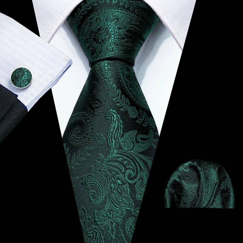 Luxury Silk Mens Ties Set Black Green Leaves Floral Neck Tie Handkerchief Cufflinks Set Wedding Business Party Barry·Wang 5938