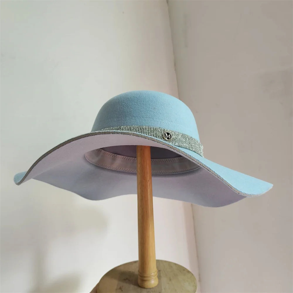 Hepburn Style Women's Large Brim Felt Imitation Wool Hat Unisex Fedora Hat Fashionable Round Top Bucket Hat Autumn Winter