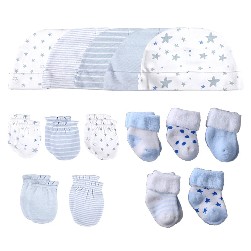 15Pieces New Born Gloves+Hats+Socks Sets Cartoon 100%Cotton Baby Boy Girl Headwear 0-12M Solid Color Infant Supplies Accessories