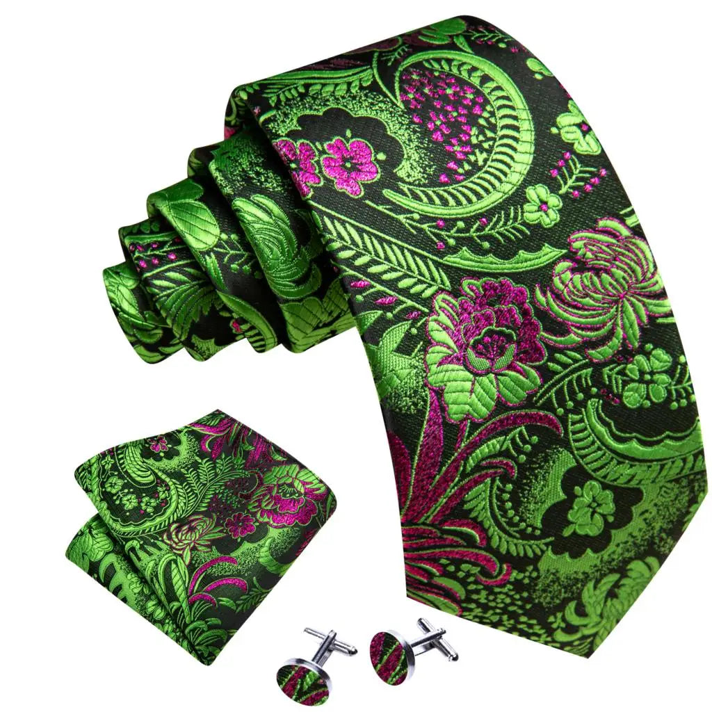 Elegant Multi Floral Silk Mens Tie Hanky Cufflinks Set Jacquard Flower Necktie For Male Wedding Business Party Event Barry.Wang