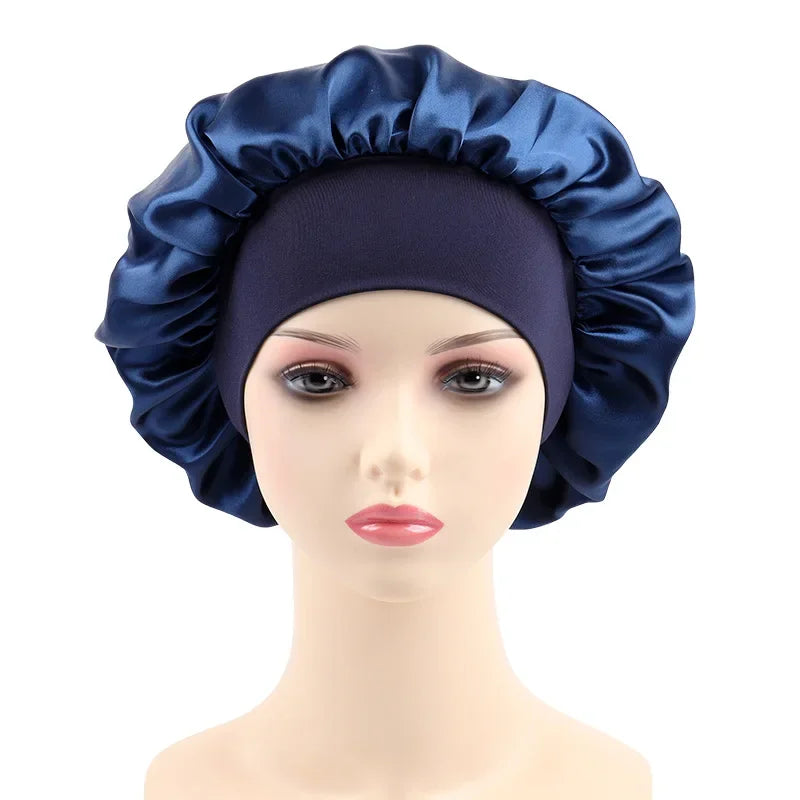 Women's Satin Solid Elastic Wide-brimmed Sleeping Hat Unisex Head Wrap Elastic Band Cap Hair Care Bonnet Night Hat bonnet
