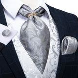 Luxury Silver Paisley Men Ascot Tie Wedding Formal Cravat Ascot Scrunch Self British Neck Tie Set Pocket Square Cufflink DiBanGu