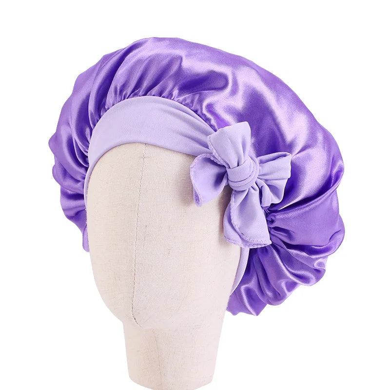 Solid Satin Silk Bonnet with Band Tie Baby Sleep Cap Bowknot Kids Baby Night Sleep Cap Beanies Girl Makeup Cap Children Nightcap