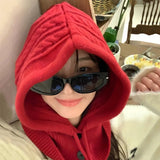 New Knitted Balaclava Hats For Women Hooded Caps Outdoor Winter Warmer Drawstring Hat One-Piece Neck Collar Cycling Beanies Caps