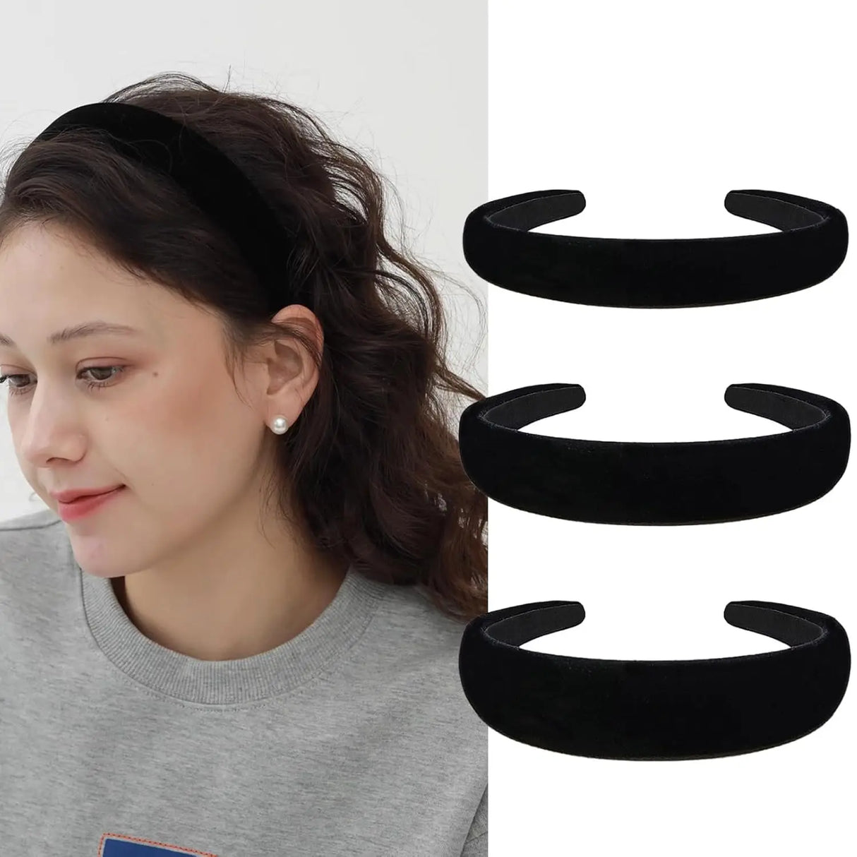 3 Pcs Black Velvet Padded Headbands for Women, Soft Simple Headband for Girls and Teens, Plain No Teeth Thick Hoops Hair Accesso