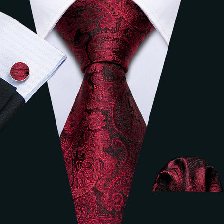 Barry.Wang Red Maroon Burgundy Rose Silk Men's Tie Pocket Square Cufflinks Set Jacquard Necktie for Male Wedding Business Party