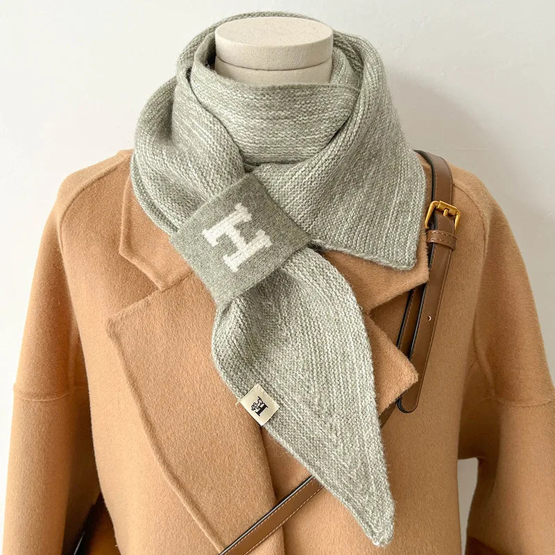 Ladies Fashion Solid Colour Narrow Small Sharp Corners Buckle Neckerchief Knitted Winter Warm Long Scarf