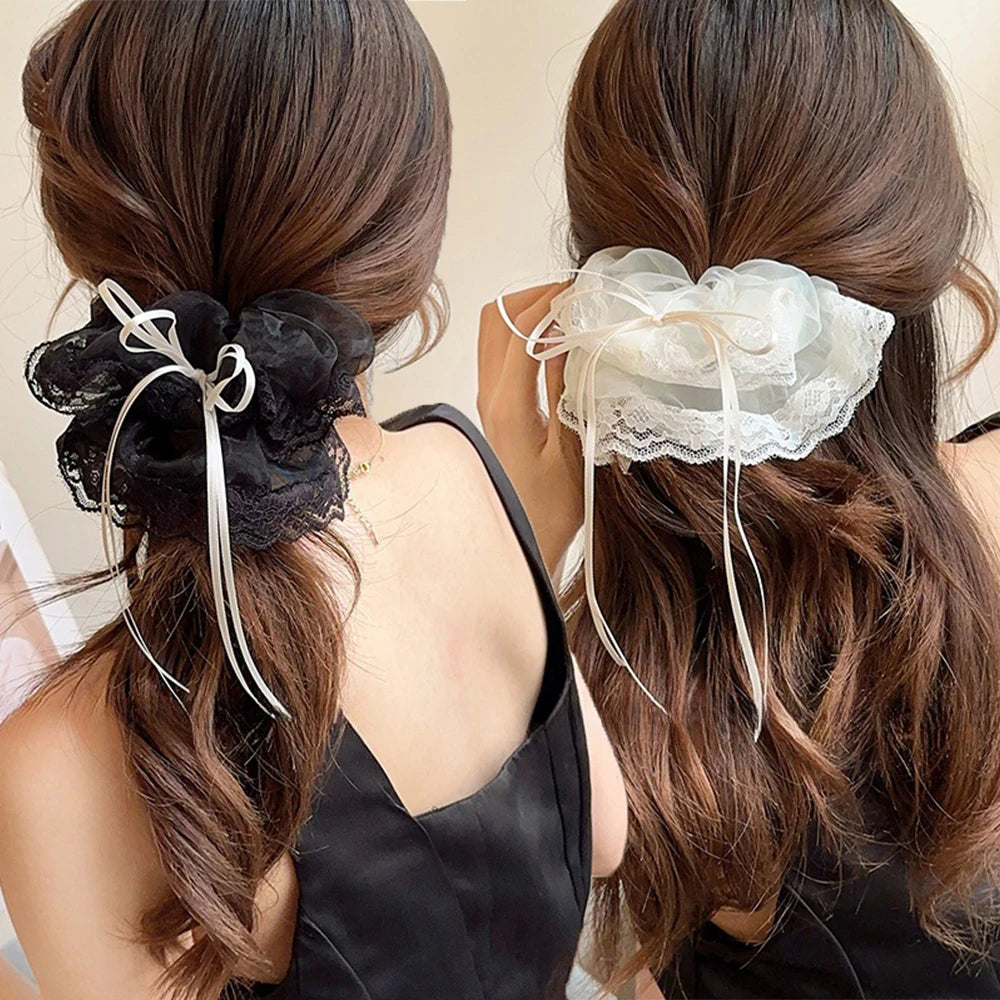 Lace Scrunchies Bowknot Ribbon Elastic Hair Bands Hair Rope Ties Hair Accessories Ponytail Holder Hair Ring INS Hair Accessories