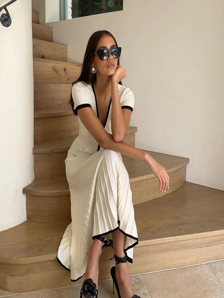 2024 Summer Women White long Skirt Suit Short Sleeve V-neck crop top pleated set elegant dress 2 piece skirt set Plus Size S-3XL