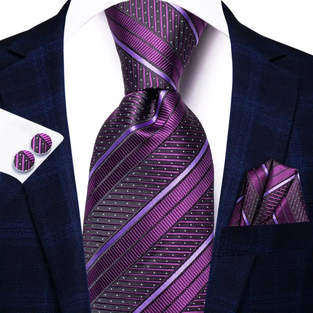 Hi-Tie Purple Lilac Floral Striped Silk Elegant Tie For Men Groom Wedding Men Necktie Pocket Square Cufflink Accessory Wholesale