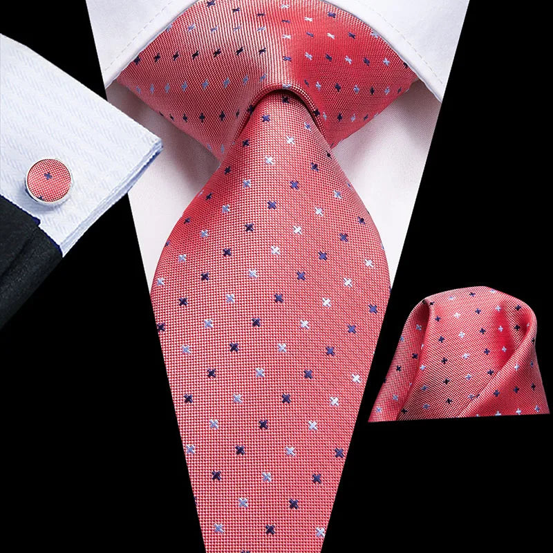 Hi-Tie 100% Silk Classic Men's Wedding Coral Pink Red Peach Tie Pocket Square Cufflinks Set Rose Ties for Men Solid Paisley Ties