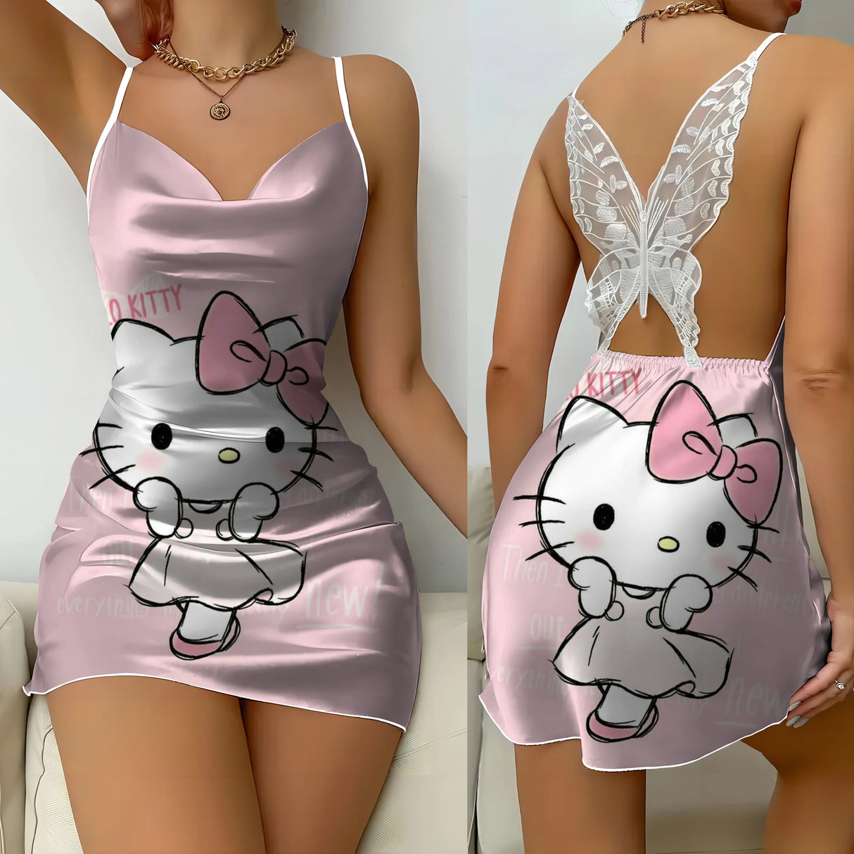 Mini Dress Pajama Skirt Hello Kitty Sexy Dresses Off Shoulder Bow Knot Satin Surface Womens Fashion Summer 2024 Short Party Lace