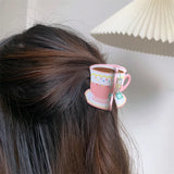 Sweet Cute Plastic Pastoral Flower Print Cup Shark Hairpin For Women Girls New Cute Vase Shape Hair Clip Claw Accessories