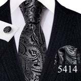 Fashion Mens Ties Set Silk Gray Black Silver White Striped Plaid Solid Paisley Floral Neck Tie Hankderchief Cufflinks Barry·Wang