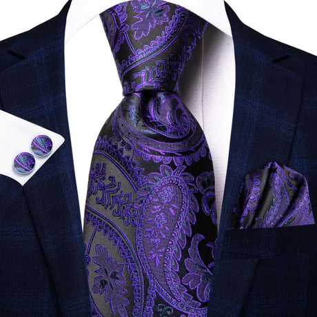 Hi-Tie Purple Solid Paisley Silk Wedding Tie for Men Novelty Design Handky cufflink Gift Men Tie Set Party Business Dropshipping