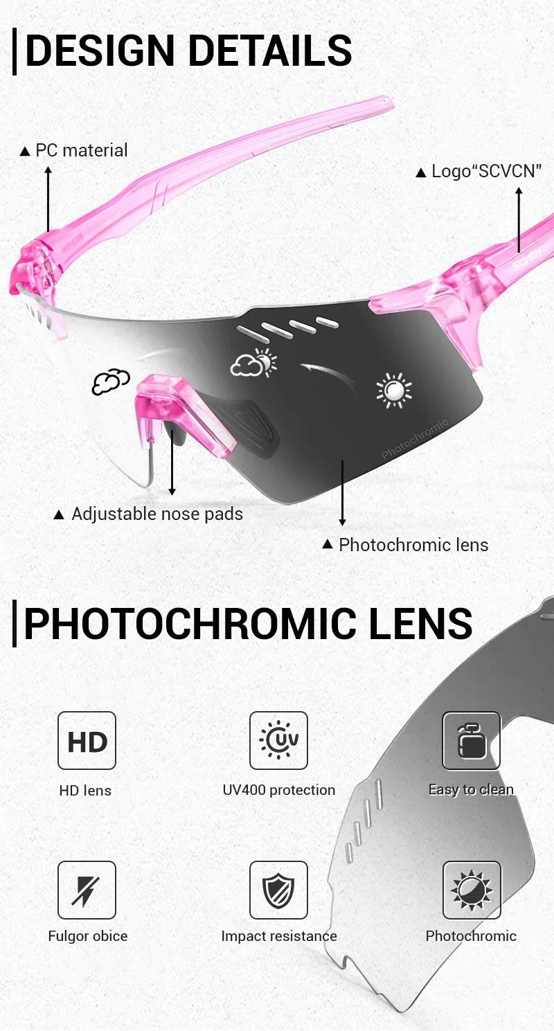 SCVCN UV400 Photochromic Cycling Glasss Sports Running Sunglasses Men Outdoor Drving Bicycle Goggles MTB Eyewear 1 Lens