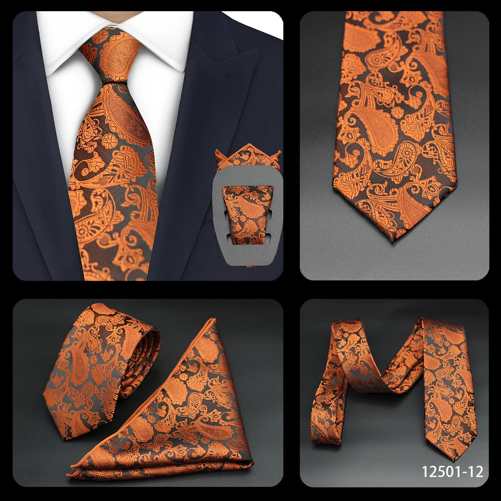 Luxury 7CM Mens Necktie Paisley Ties For Man Groomsman Jacquard Woven Gold Orange Color Neck Tie Business Party