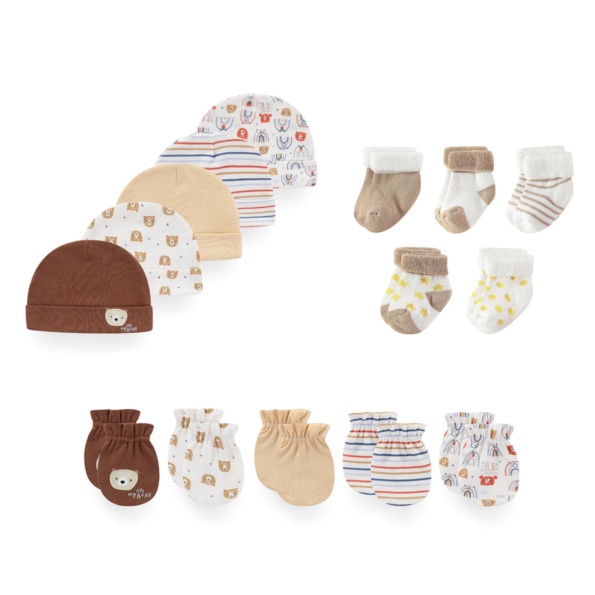 15Pieces New Born Gloves+Hats+Socks Sets Cartoon 100%Cotton Baby Boy Girl Headwear 0-12M Solid Color Infant Supplies Accessories