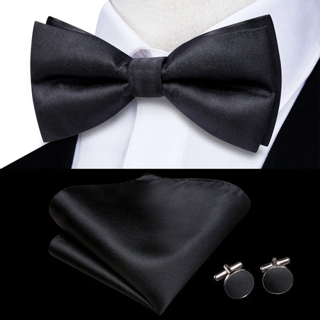 Hi-Tie Striped Black Red Green Silk Mens Bow Tie Hanky Cufflinks Set Pre-tied Butterfly Knot Bowtie for Male Wedding Business