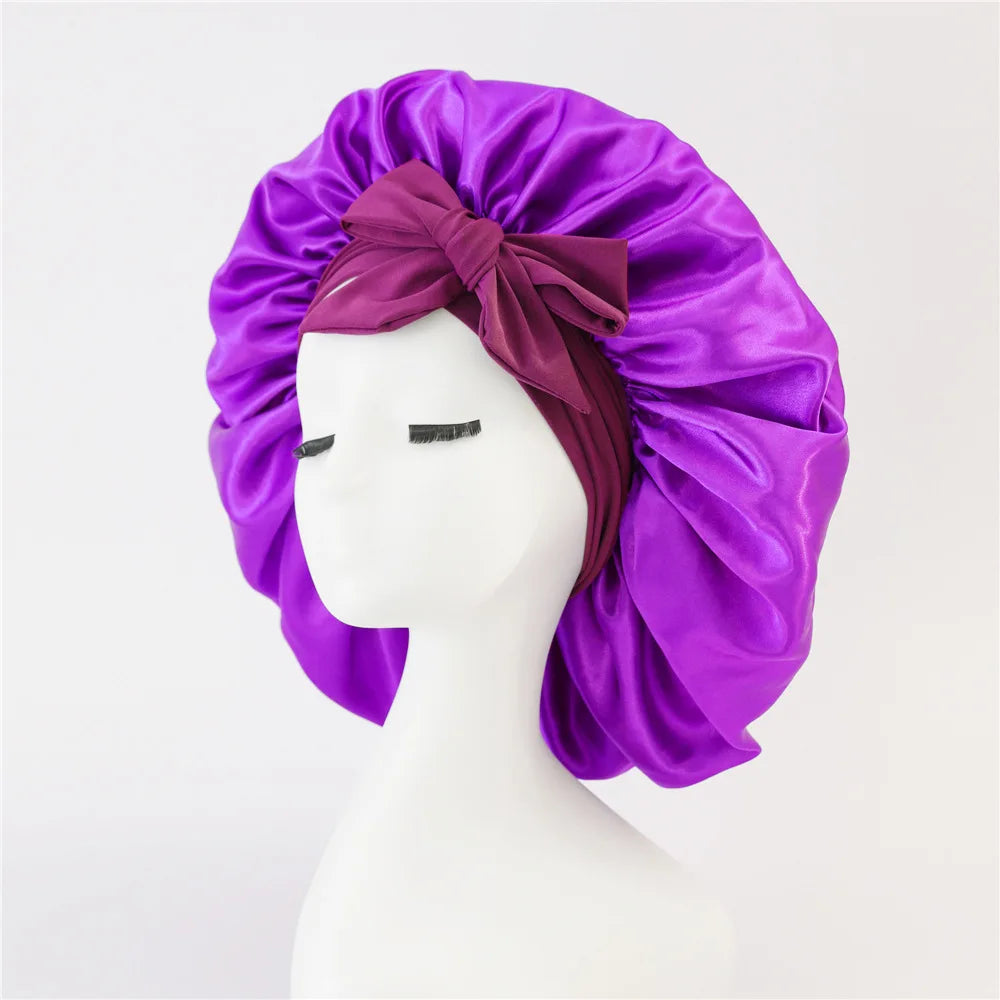 New Satin Sleeping Cap For Women Solid Wide Band Stretch Head Tie Silky Bonnet Edge Wrap Nightcap Hair Care Shower Head Cover
