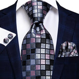 Hi-Tie Designer Grey Plaid Novelty Silk Wedding Tie For Men Handky Cufflink Gift Mens Necktie Fashion Business Party Dropshiping