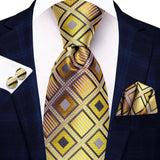 Hi-Tie Solid Gold Yellow Silk Ties For Men Handky Cufflinks Set Fashion Gift For Men's Tie Wedding Business Necktie