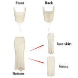 Suninheart Elegant Women 2 Piece Dress Set 2023 Maxi Wedding Guest Dress Lace Up Crop Top and Maxi Skirt Set Formal Event Dress